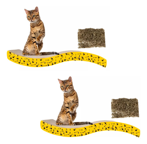 Rascador De Carton Para Gato Con Catnip Forma De Ola Amarillo