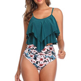 Dama Trajes De Baño Solid Floral Talle Alto Mujer Bikini