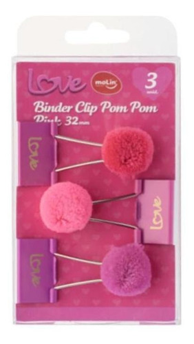Binder Clip Pom Pom - Molin - Love Pink 32mm - 3 Unidades