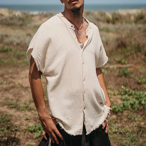 Camisa De Lino De Algodón Sólido De Playa Para Hombre