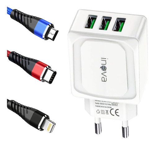 Fonte Carregador 5.1a Turbo 3 Usb + 3 Cabos Todos Os Modelos