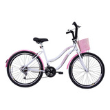 Bicicleta Aro 26 Feminina Retrô Beach 18 Marchas Branca Rosa Cor Branco/rosa