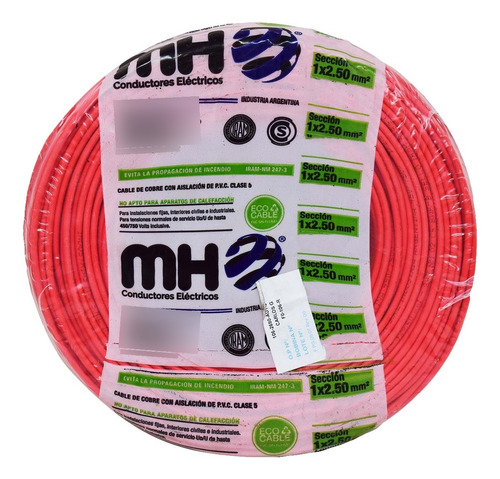 Cable Unipolar 2,5mm Normalizado Iram Mh X 25mts Cubierta Rojo