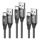 Pack X3 Cables Usb Tipo C Carga Rápida 3a Nylon Trenzado Color Negro