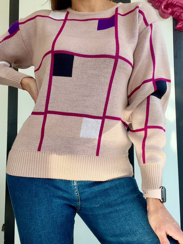 Suéter Saco Jersey Tejido Nacional Para Dama. Diseño Cuadros