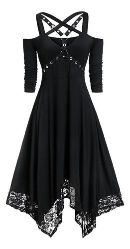 Solid Color Plus Size Lace Trimmed Mid-sleeve Gothic Dress