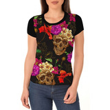 Camiseta/camisa Feminina Caveira E Flores -  Baby Look Skull