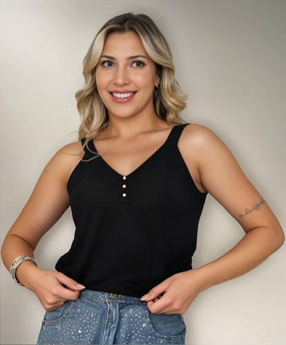 Blusa Blusinha Social Regata Crepe Duna Básica Verão Pérolas