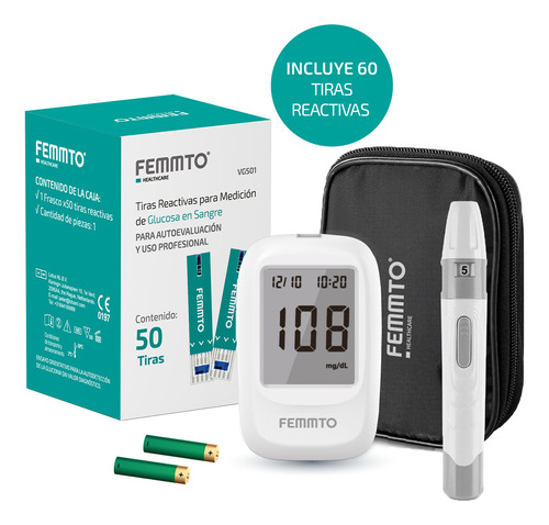 Kit Glucometro Medidor De Glucemia Femmto Vgm-04 60 Tiras Reactivas 10 Lancetas Punzador Estuche Y Pilas Incluidas Control Diabetes