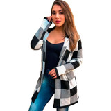 Cardigan Xadrez Tricot Kimono Longo De Frio Inverno Blusa Lã