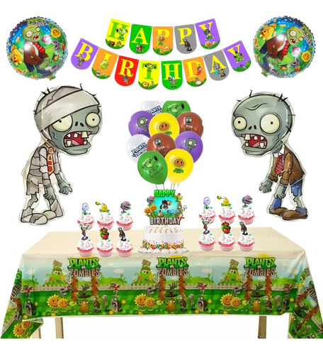 Set De Globos + Mantel Plantas Vs Zombies Cumpleaños