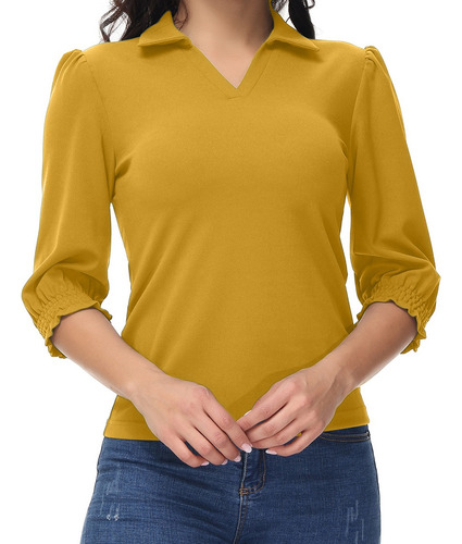 Camisa Casual Con Cuello En V De Color Liso Para Mujer