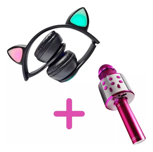 Combo Auricular Bluetooth Orejas De Gato Y Micrófono Karaoke