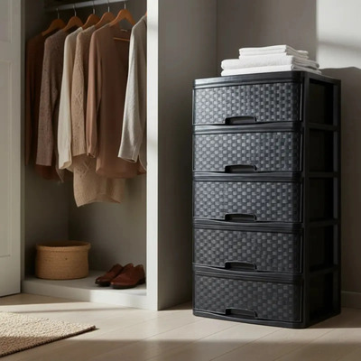 Cajonera 5 Niveles Ancha Negro Ratán 100 X 54 X 38 Cm | Envío gratis