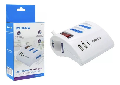 Extension Escritorio Philco 220v + 2 Usb 1 Usb-c