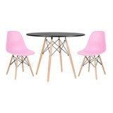 Kit Mesa Jantar Eames Wood 100 Cm 2 Cadeiras Eiffel Cores Cor Da Tampa Mesa Preto Com Cadeiras Rosa