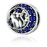 Charm Compatible Con Pandora Gato Y Luna Azul Plata 925