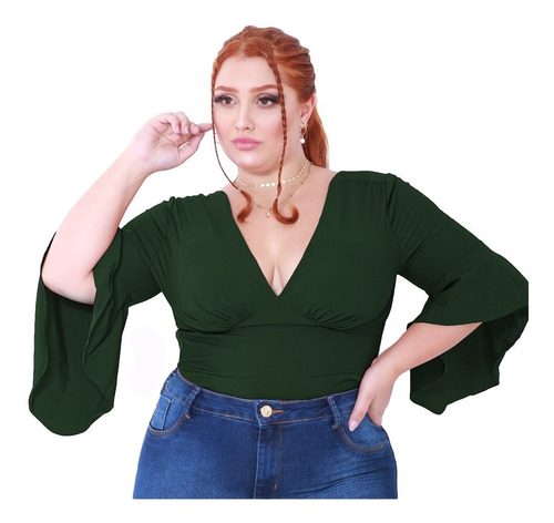 Blusinha Cropped Plus Size Manga Flare Decote Tamanho Grande