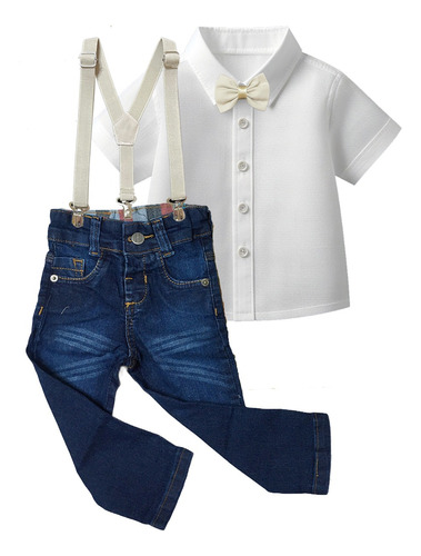 Camisa + Calça Jeans Suspensórios E Gravata Infantil Menino