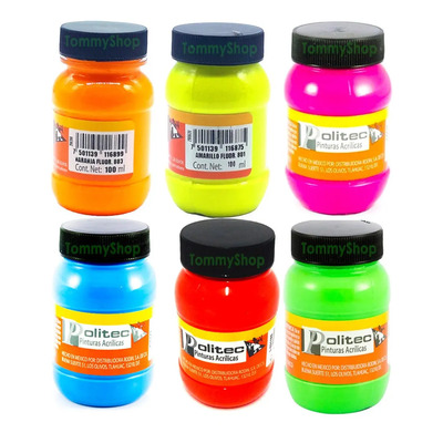 Set 6 Pinturas Acrílicas Politec Neón Fluorescentes 100ml UV | Envío gratis