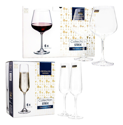 Set X6 Copa Champagne Strix + Set Copa Cristal X6 Vino Strix Color Transparente