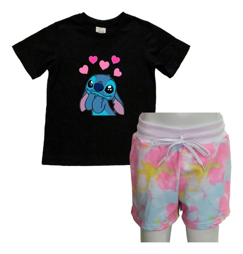 Conjunto Camisa Infantil Lilo Stitch Com Bermuda Feminina