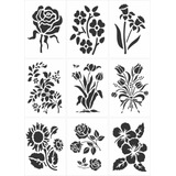 Kit Stencil Flores E Rosas Molde Para Pintura 9pçs 10x14cm