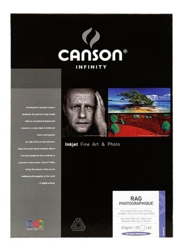 Canson Infinity Rag Photographique 310g/m2 A3 25 Folhas Cor Branco