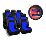Kit Funda Asientos Volante Cinturones Auto Eco Cuero Azul