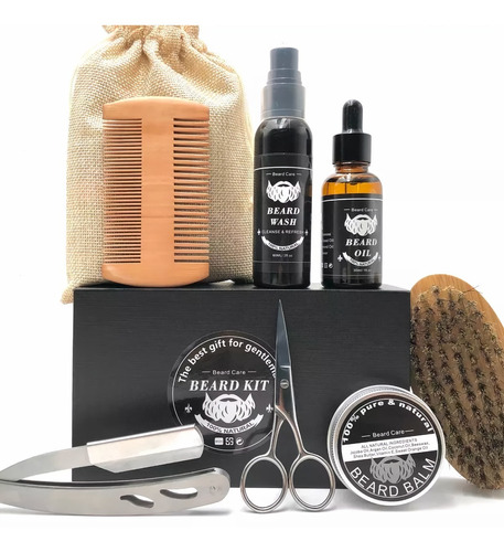 Set De Barba Kit Barberia Aceite Cera Shampoo Navaja Cepillo