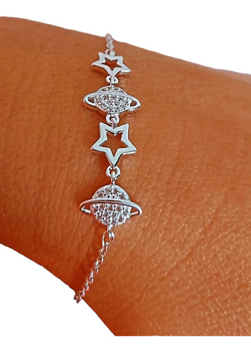  Pulsera Plata 925 Italiana Planeta Saturno Estrella Cristal