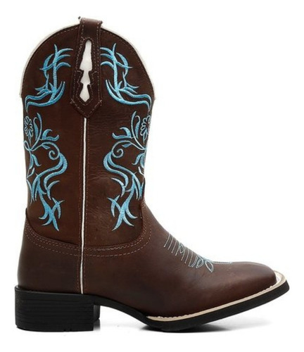 Bota Texana Feminina Floral Azul De Couro Bico Quadrado