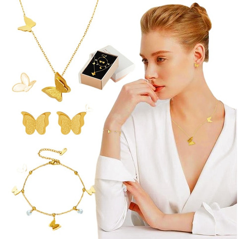 Collar De Oro 18k Mariposas Dije Pulsera Aretes Joyeria