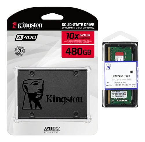 Kit Ssd Sata 480gb Kingston Sa400s37/480g + Memória Note 8gb Ddr4 2400mhz Kingston Kvr24s17s8/8