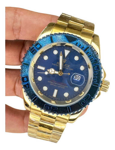 Relogio Masculino Yacht Master Dourado Com Azul Bisel Azul