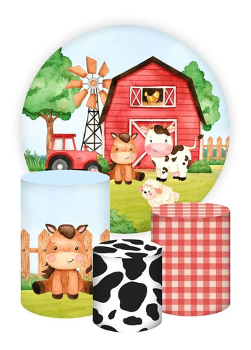 Kit Painel Redondo + Capas P/ Cilindro Fazendinha Tecido