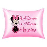 Fronha Cetim Rosa Personalizada Estampa Minnie Com Nome M1