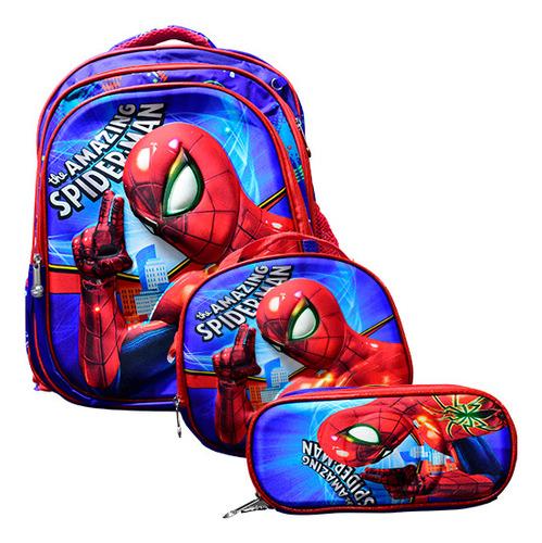 Mochila Luz Led Con Lapicera + Lonchera 3d Spider Man