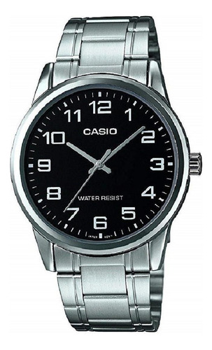 Reloj Casio Mtp-v001d-1budf Hombre 100% Original Correa Plateado Bisel Plateado Fondo Negro