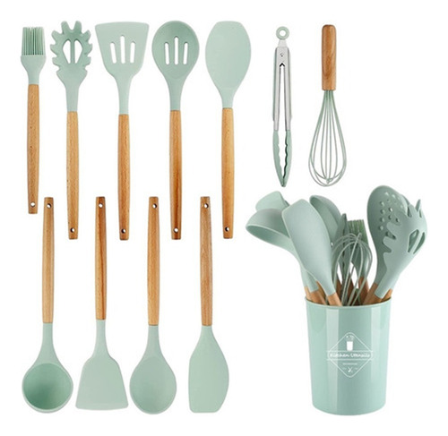 Set 12 Utensilios Cocina Silicona Antiadherente Mango Madera