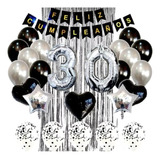 Kit Decoración Feliz Cumpleaño Bombas Plata Y Negro+cortina