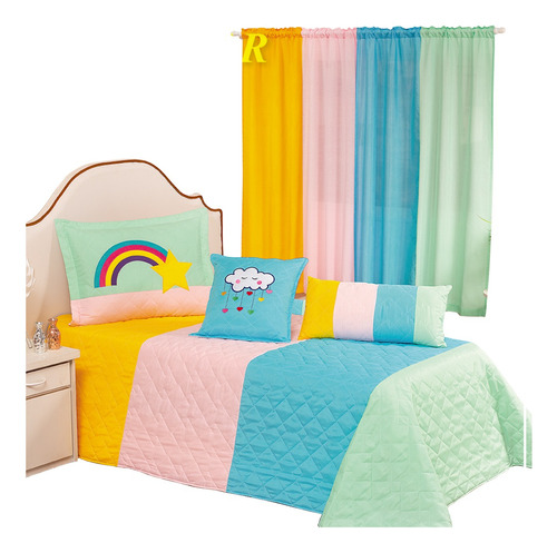 Kit Cortina E Colcha Cobre Leito Infantil Solteiro Menina 5p