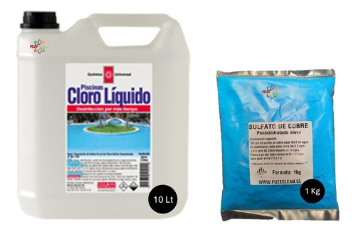 Cloro Liquido 10 Lts + 1 Kg Sulfato De Cobre 