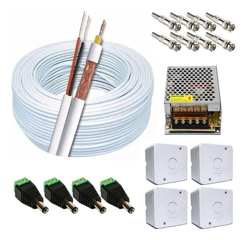 Kit Instalação 4 Câmeras Seg. Cabo Fonte 12v Conectores Top