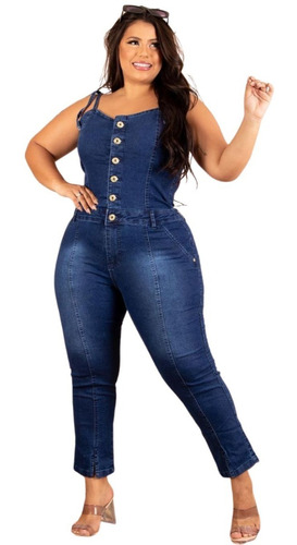 Jardineira Longa Jeans Plus Size Com Lycra Estica