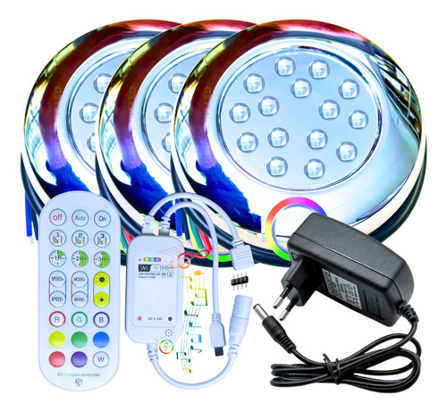  Kit 03 Refletor Piscina Led Rgb 15w + Contr Wifi + Fonte Pt