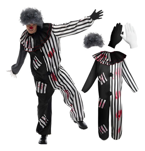 Disfraz Payaso Terror Hombre Halloween Adulto Cosplay Traje Rayas Negro Sangriento Peluca Guantes Fiesta Carnaval Evento Noche Brujas Outfit Horror