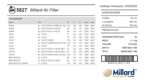 Filtro Aire Millard Mk5827 Polo Bora Golf Seat Leon Jetta  Foto 3