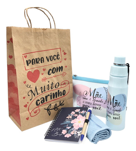 Kit Presente Dia Das Maes Bloquinho Garrafa Bolsa E Sacola