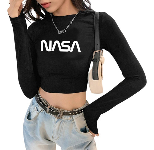 Blusa Crop Top Negro Diseño Nasa Corte Juvenil Moda Mujer 